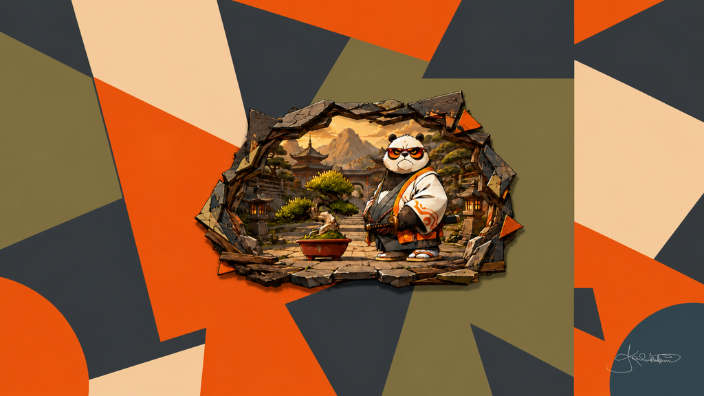 A panda in a black and white kimono with orange sunglasses in a temple garden at golden hour, seen through a hole torn in a wall of orange, olive and charcoal shapes. Dreamy Panda 4K desktop wallpaper by Dreams On Kanvas