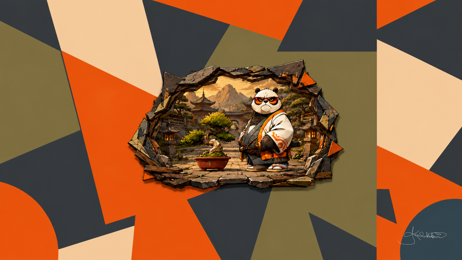 A panda in a black and white kimono with orange sunglasses in a temple garden at golden hour, seen through a hole torn in a wall of orange, olive and charcoal shapes. Dreamy Panda 4K desktop wallpaper by Dreams On Kanvas