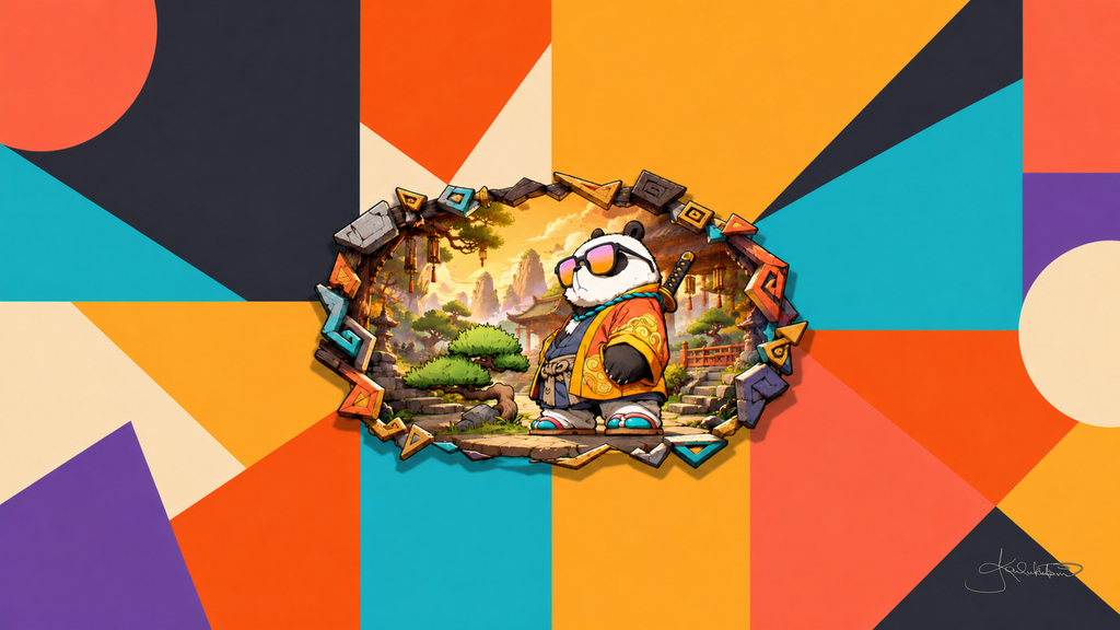 A panda in a gold and navy kimono with pink sunglasses on a garden path at sunset, seen through a hole torn in a wall of orange, turquoise and yellow shapes. Dreamy Panda 4K desktop wallpaper by Dreams On Kanvas