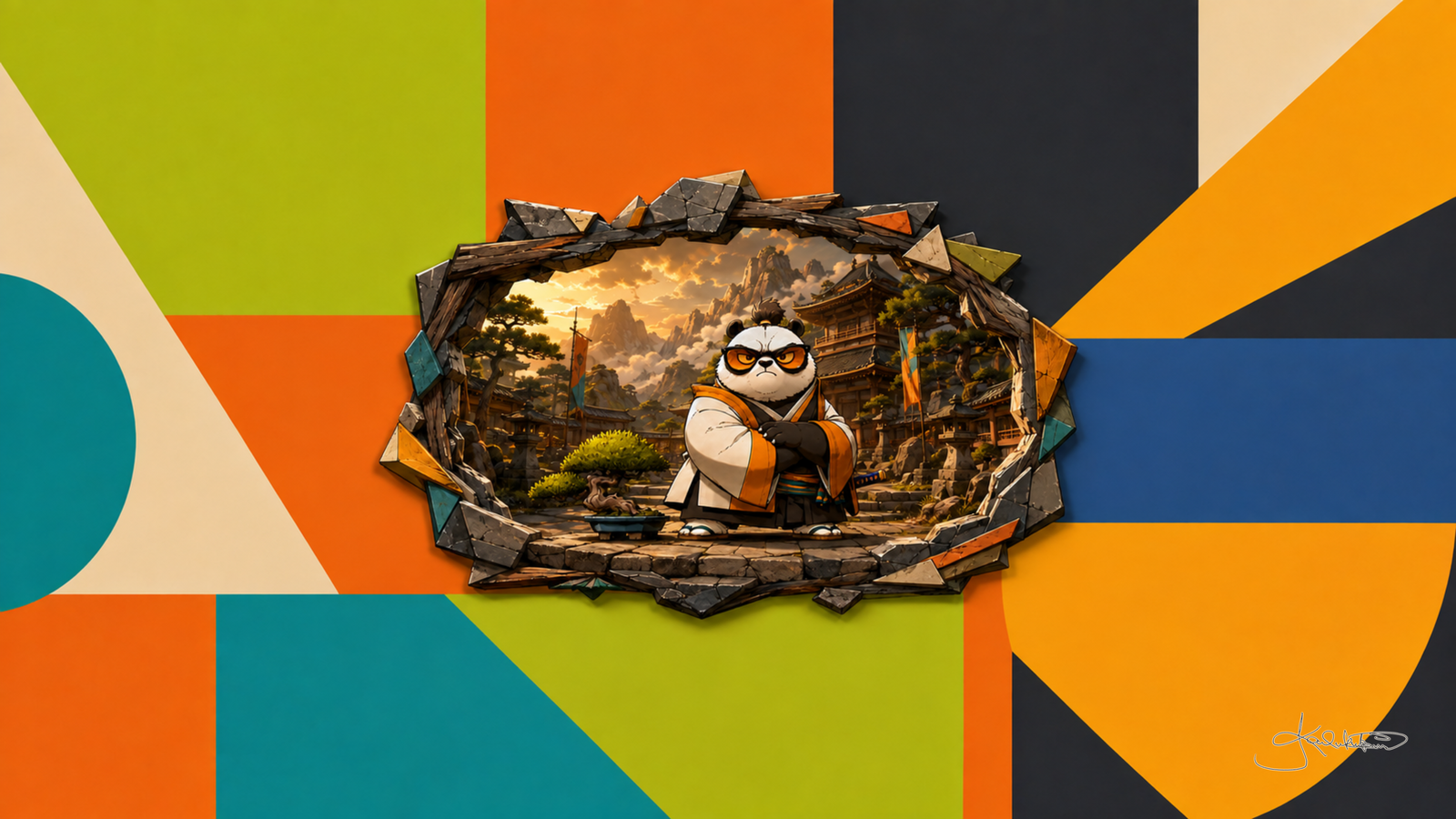 A panda in a cream kimono with an orange sash and sunglasses before a cliffside temple at sunset, seen through a hole torn in a wall of lime, orange and navy shapes. Dreamy Panda 4K desktop wallpaper by Dreams On Kanvas