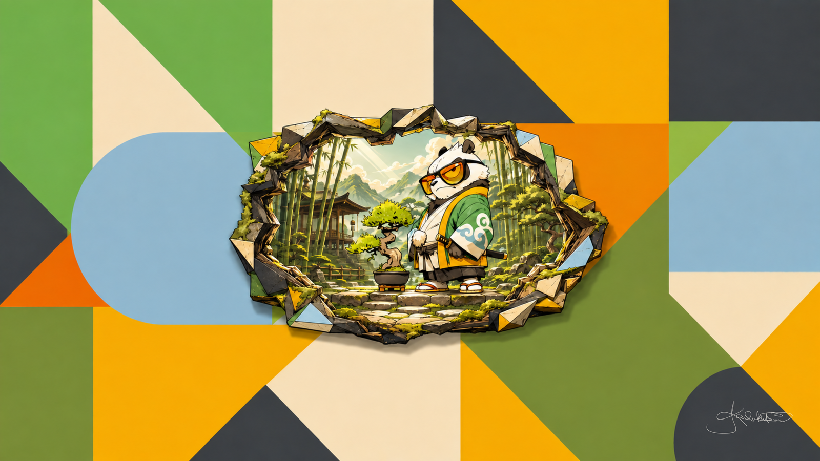 A panda in a green and white kimono with orange sunglasses in a bamboo grove with a pavilion, seen through a hole torn in a wall of green, pale blue and yellow shapes. Dreamy Panda 4K desktop wallpaper by Dreams On Kanvas
