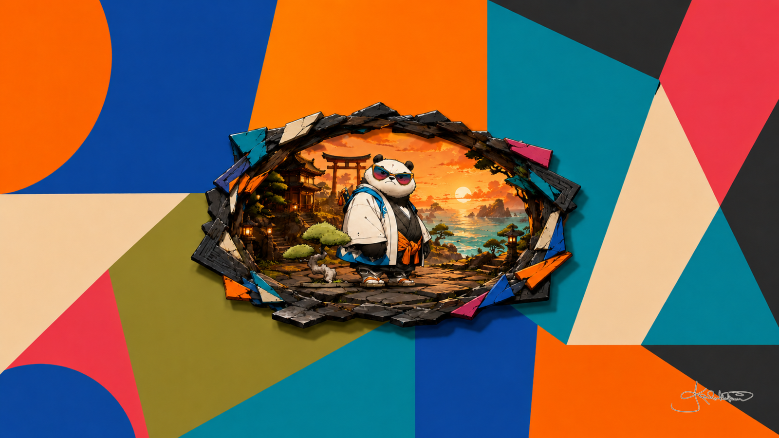 A panda in a white and navy kimono standing before a red torii gate with the sun setting on the water, seen through a hole torn in a wall of orange, blue and teal shapes. Dreamy Panda 4K desktop wallpaper by Dreams On Kanvas