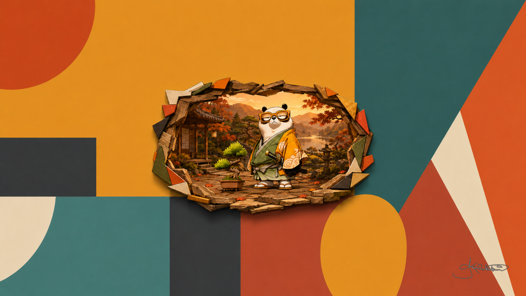 A panda in a yellow and grey kimono among autumn maples above a lake, seen through a hole torn in a wall of amber, teal and rust shapes. Dreamy Panda 4K desktop wallpaper by Dreams On Kanvas