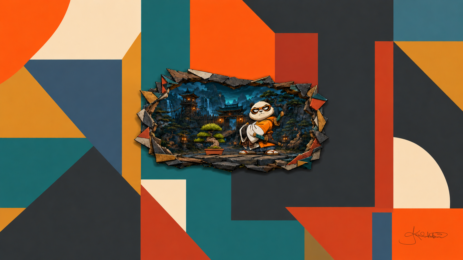 A panda in an orange kimono in a temple courtyard lit blue at night, seen through a hole torn in a wall of orange, teal and charcoal shapes. Dreamy Panda 4K desktop wallpaper by Dreams On Kanvas