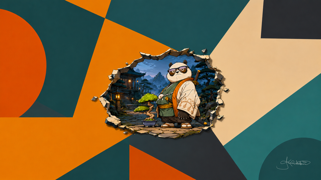 A panda in a cream and green kimono with sunglasses before night mountains and a lit lantern, seen through a hole torn in a wall of orange, teal and cream shapes. Dreamy Panda 4K desktop wallpaper by Dreams On Kanvas