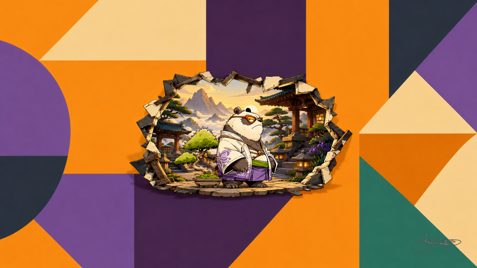 A panda in a white and purple kimono with orange sunglasses before a mountain shrine at dawn, seen through a hole torn in a wall of orange, purple and teal shapes. Dreamy Panda 4K desktop wallpaper by Dreams On Kanvas