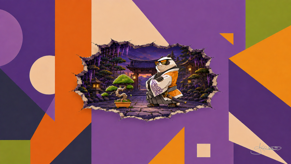 A panda in a white and orange kimono under hanging wisteria at a temple gate at dusk, seen through a hole torn in a wall of purple, orange and olive shapes. Dreamy Panda 4K desktop wallpaper by Dreams On Kanvas