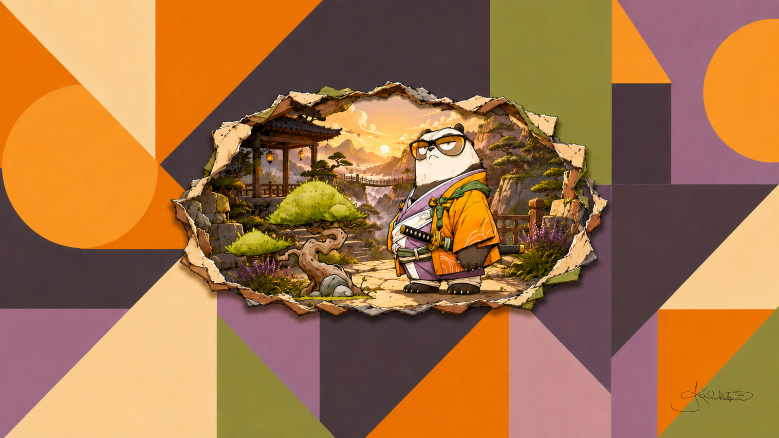 A panda in an orange and purple kimono with a sword in a garden at sunset, seen through a hole torn in a wall of orange, mauve and olive shapes. Dreamy Panda 4K desktop wallpaper by Dreams On Kanvas