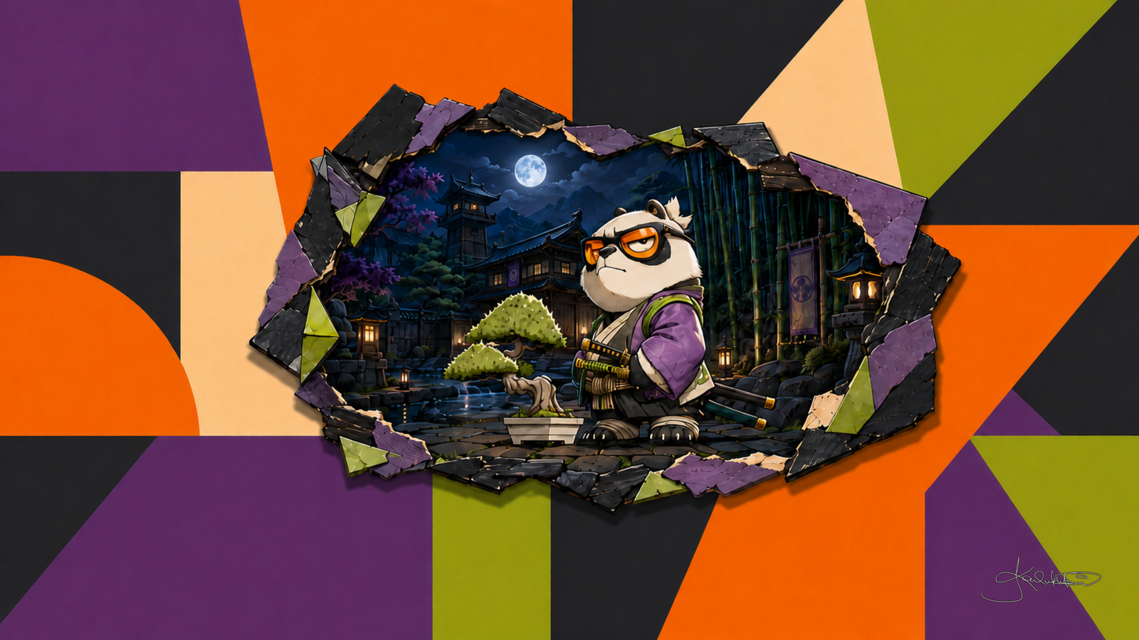 A panda in a purple kimono with orange sunglasses under a full moon above a temple and a bonsai, seen through a hole torn in a wall of purple, orange and lime shapes. Dreamy Panda 4K desktop wallpaper by Dreams On Kanvas