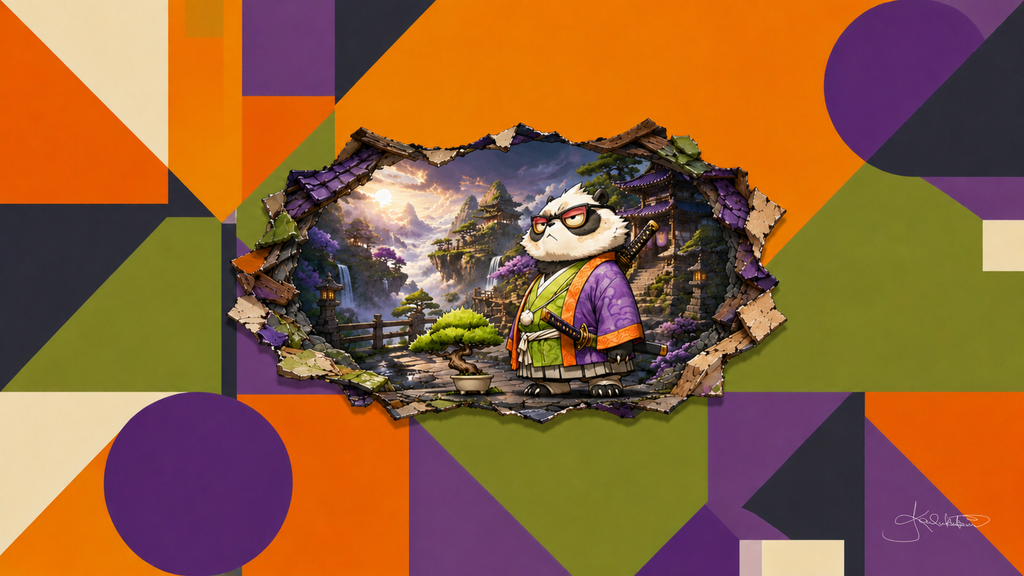 A panda in a green and purple kimono in a moonlit valley of waterfalls and wisteria, seen through a hole torn in a wall of orange, olive and purple shapes. Dreamy Panda 4K desktop wallpaper by Dreams On Kanvas