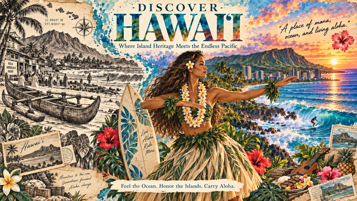 A Discover Hawai‘i post card: a hula dancer in a ti-leaf skirt and lei with Waikīkī and Diamond Head behind her, and a sepia sketch panel of an outrigger canoe down the left. Dreamy Post Card 4K desktop wallpaper by Dreams On Kanvas