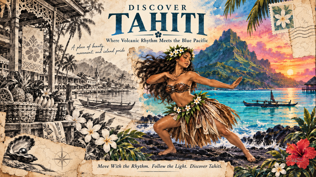 A Discover Tahiti post card: a dancer in a grass skirt and flower crown, a volcanic peak and outrigger canoe at sunset, with a sepia street sketch down the left. Dreamy Post Card 4K desktop wallpaper by Dreams On Kanvas