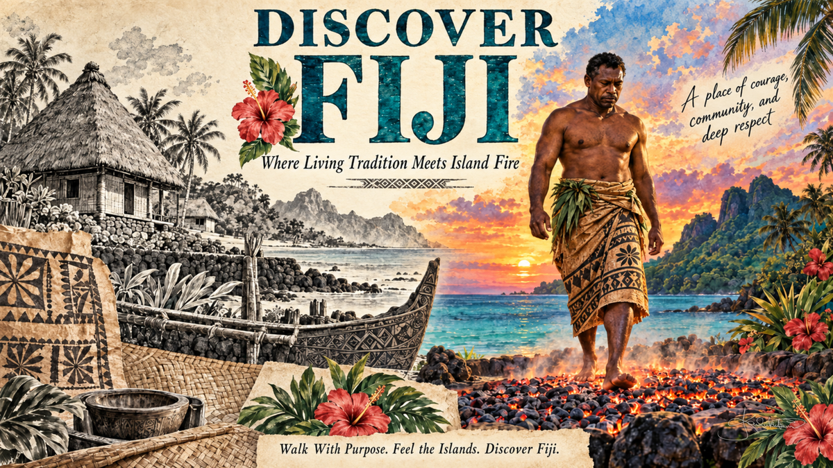 A Discover Fiji post card: a man in a sulu walking the shore at sunset below volcanic peaks, with a sepia sketch of a thatched bure and tapa cloth down the left. Dreamy Post Card 4K desktop wallpaper by Dreams On Kanvas