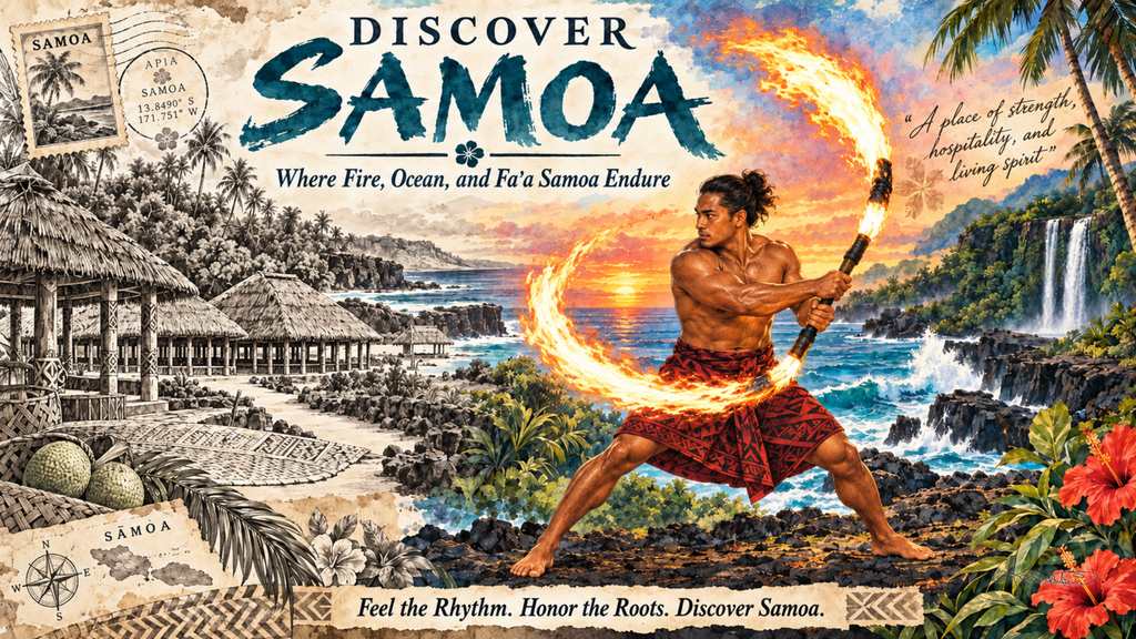 A Discover Samoa post card: a fire knife dancer spinning a flaming staff beside a waterfall and palms at sunset, with a sepia village sketch down the left. Dreamy Post Card 4K desktop wallpaper by Dreams On Kanvas