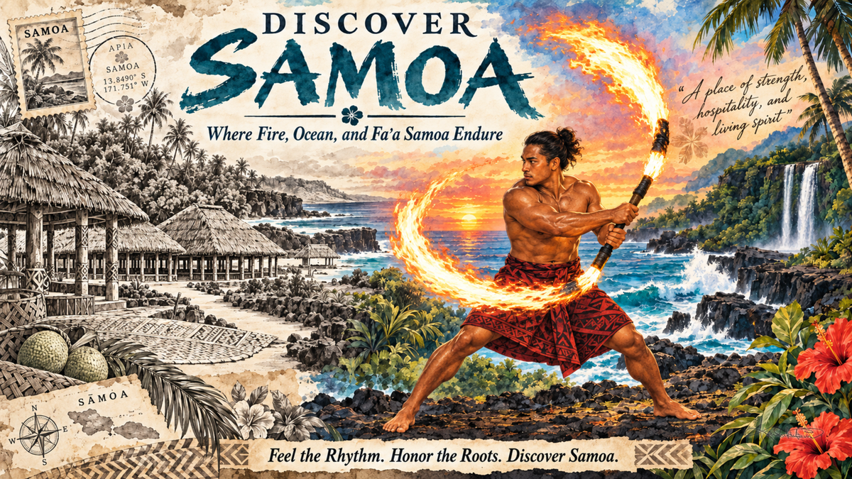 A Discover Samoa post card: a fire knife dancer spinning a flaming staff beside a waterfall and palms at sunset, with a sepia village sketch down the left. Dreamy Post Card 4K desktop wallpaper by Dreams On Kanvas