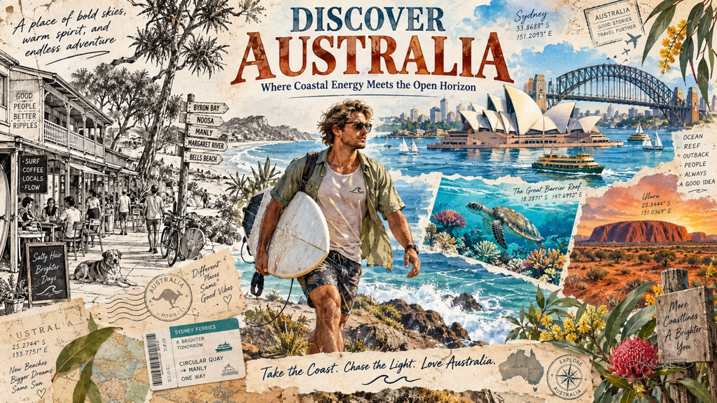 A Discover Australia post card: a surfer carrying a board with the Sydney Opera House and Harbour Bridge, a reef turtle and Uluru around him. Dreamy Post Card 4K desktop wallpaper by Dreams On Kanvas