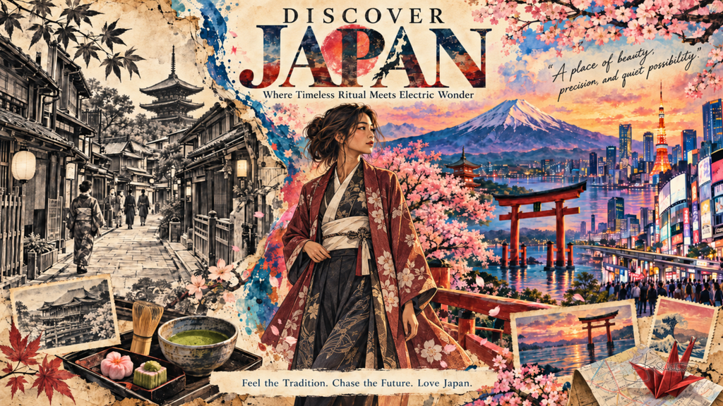 A Discover Japan post card: a woman in a kimono with Mount Fuji, a red torii gate and a neon city street under cherry blossom. Dreamy Post Card 4K desktop wallpaper by Dreams On Kanvas