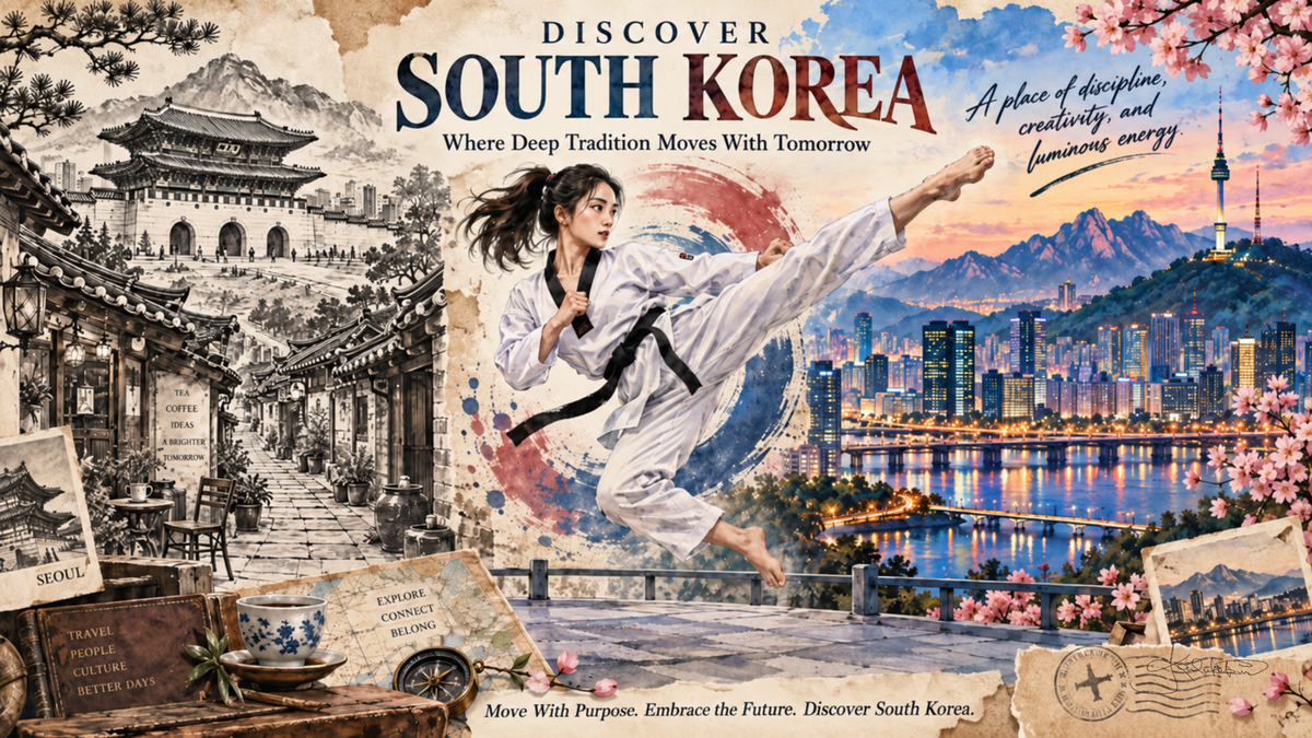A Discover South Korea post card: a taekwondo athlete mid-kick with the Seoul skyline and N Seoul Tower across the river behind. Dreamy Post Card 4K desktop wallpaper by Dreams On Kanvas