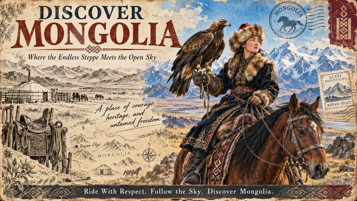 A Discover Mongolia post card: an eagle hunter on horseback with a golden eagle on the arm, the Altaī mountains behind and a sepia sketch of a ger on the steppe. Dreamy Post Card 4K desktop wallpaper by Dreams On Kanvas