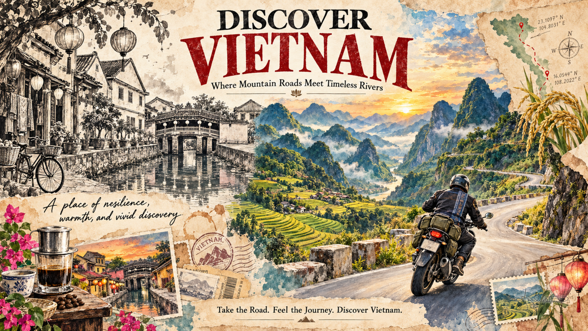 A Discover Vietnam post card: a motorcyclist on a mountain road between limestone karsts and rice terraces, with a sepia sketch of Hoi An down the left. Dreamy Post Card 4K desktop wallpaper by Dreams On Kanvas