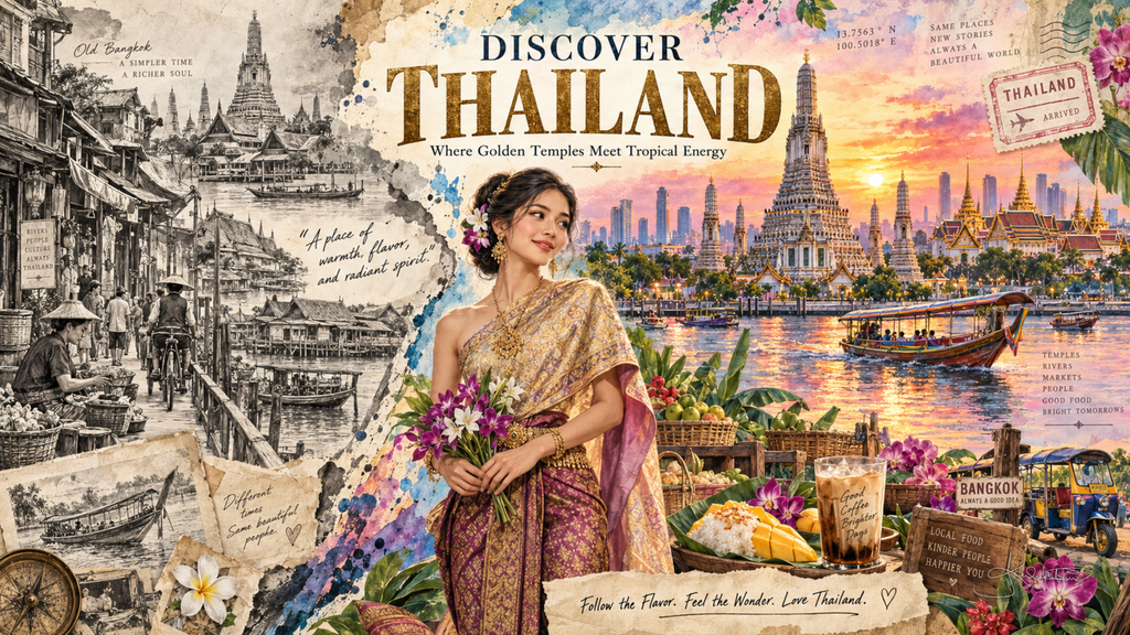 A Discover Thailand post card: a woman in traditional silk holding flowers with Wat Arun and longtail boats on the river at sunset. Dreamy Post Card 4K desktop wallpaper by Dreams On Kanvas