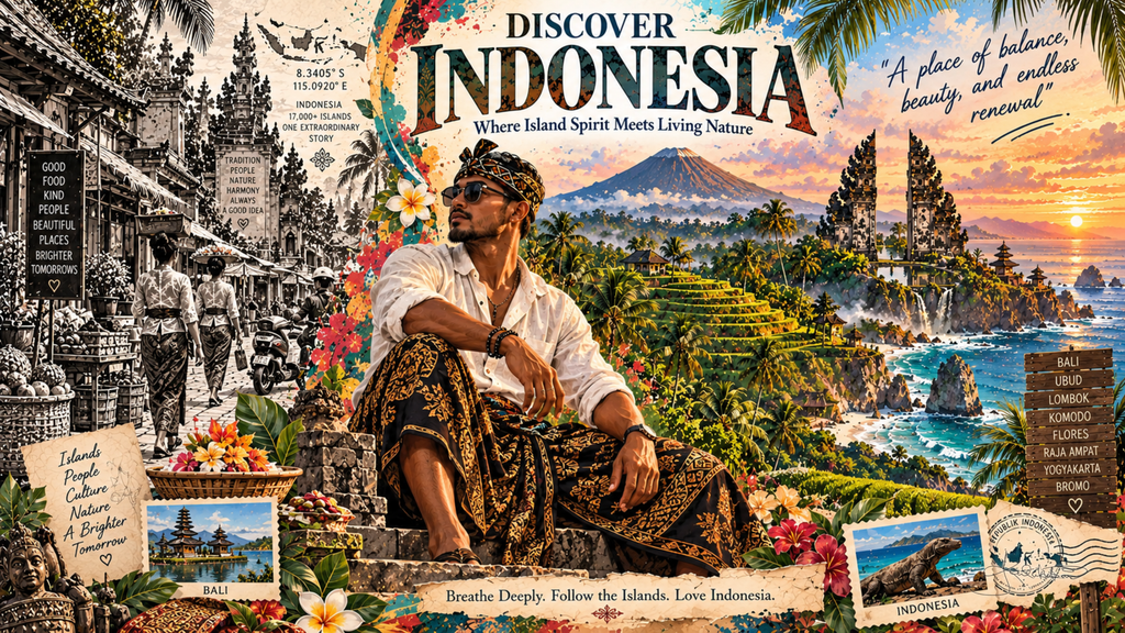 A Discover Indonesia post card: a man in batik and a headband seated before Balinese rice terraces, a volcano and sea cliffs at sunset. Dreamy Post Card 4K desktop wallpaper by Dreams On Kanvas