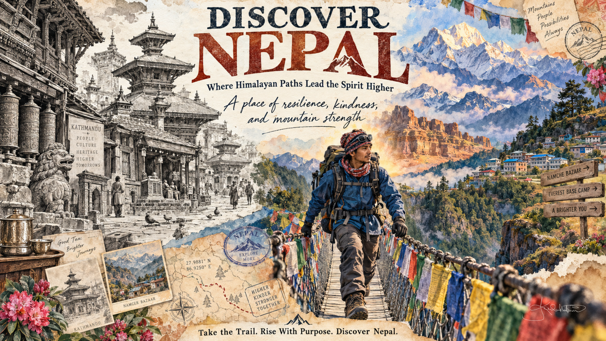 A Discover Nepal post card: a trekker crossing a prayer-flag suspension bridge below Himalayan peaks, with a sepia Kathmandu temple sketch down the left. Dreamy Post Card 4K desktop wallpaper by Dreams On Kanvas