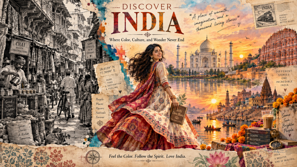 A Discover India post card: a woman in a red lehenga with the Taj Mahal and the river at sunset, marigolds and a sepia chai stall sketch down the left. Dreamy Post Card 4K desktop wallpaper by Dreams On Kanvas