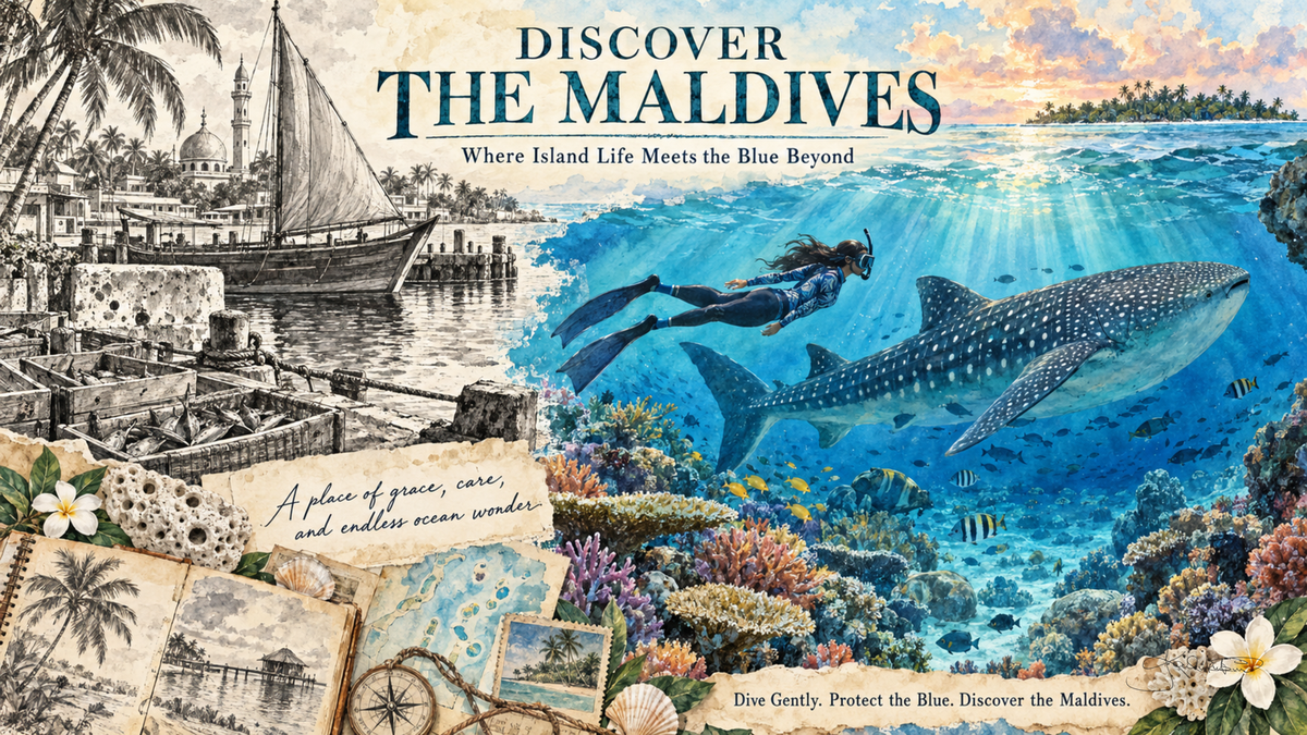 A Discover the Maldives post card: a free diver swimming with whale sharks over coral in clear blue water, with a sepia dhow sketch down the left. Dreamy Post Card 4K desktop wallpaper by Dreams On Kanvas