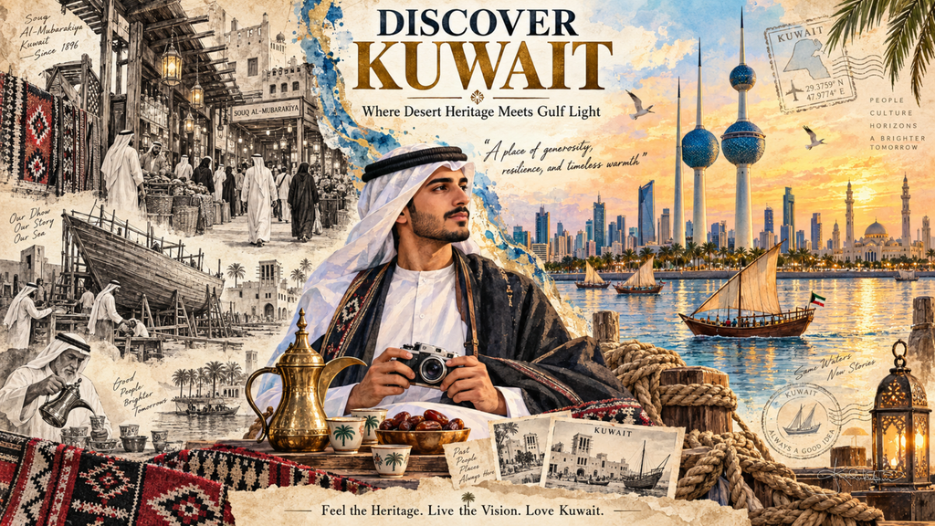 A Discover Kuwait post card: a man in a dishdasha and bisht holding a camera with a brass dallah and dates before him, the Kuwait Towers and a dhow on the Gulf behind. Dreamy Post Card 4K desktop wallpaper by Dreams On Kanvas
