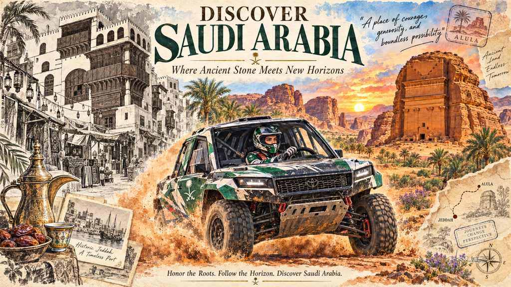 A Discover Saudi Arabia post card: a rally truck throwing up sand with the carved tombs of AlUla glowing at sunset behind. Dreamy Post Card 4K desktop wallpaper by Dreams On Kanvas