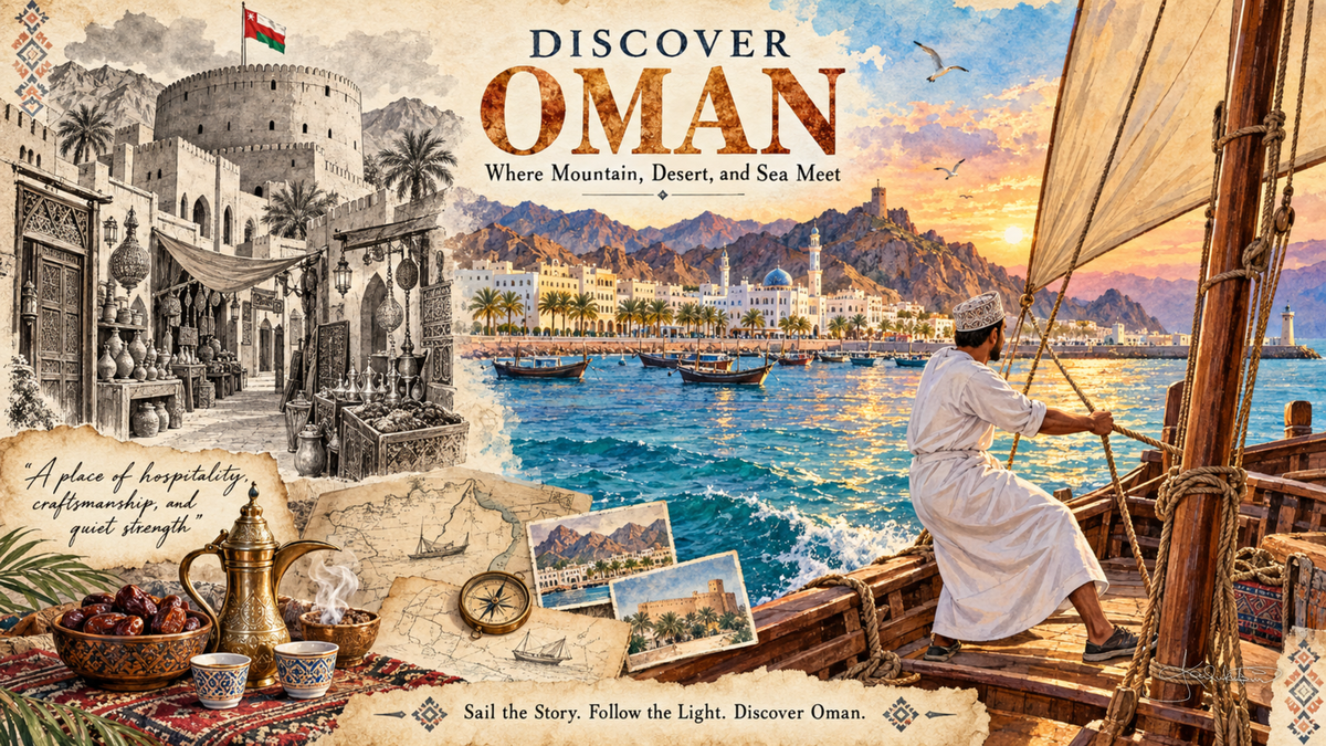A Discover Oman post card: a man aboard a dhow under sail looking toward the Muscat waterfront with mountains behind. Dreamy Post Card 4K desktop wallpaper by Dreams On Kanvas