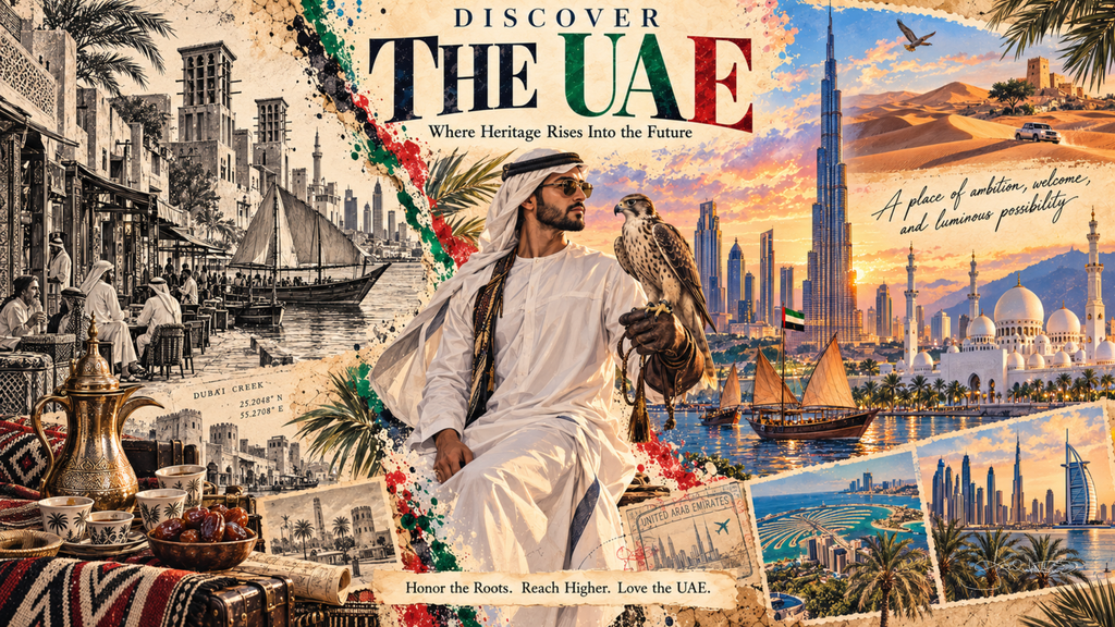A Discover the UAE post card: a man in a kandura with a falcon on his arm, the Burj Khalifa, Sheikh Zayed Grand Mosque and desert dunes behind. Dreamy Post Card 4K desktop wallpaper by Dreams On Kanvas