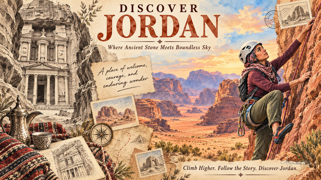 A Discover Jordan post card: a climber on a red rock face above the desert of Wadi Rum, with the Treasury at Petra sketched in sepia down the left. Dreamy Post Card 4K desktop wallpaper by Dreams On Kanvas