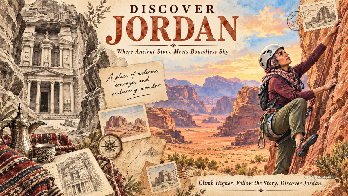 A Discover Jordan post card: a climber on a red rock face above the desert of Wadi Rum, with the Treasury at Petra sketched in sepia down the left. Dreamy Post Card 4K desktop wallpaper by Dreams On Kanvas