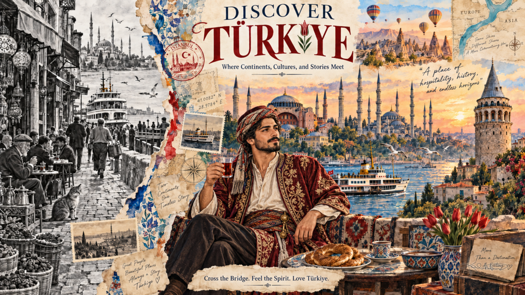 A Discover Türkiye post card: a man with tea on a terrace above the Bosphorus, the Blue Mosque, Galata Tower, a ferry and hot air balloons around him. Dreamy Post Card 4K desktop wallpaper by Dreams On Kanvas