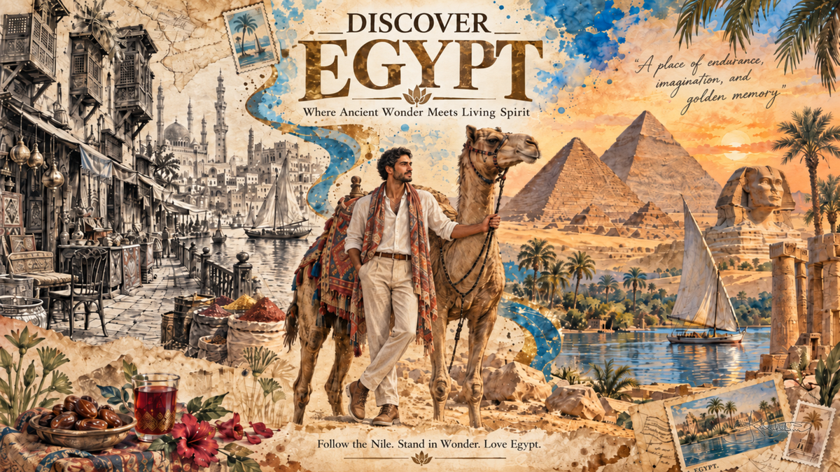 A Discover Egypt post card: a man leading a camel with the Pyramids and the Sphinx behind and a felucca on the Nile. Dreamy Post Card 4K desktop wallpaper by Dreams On Kanvas