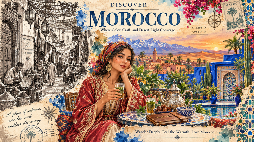 A Discover Morocco post card: a woman with mint tea at a mosaic table beside a cobalt blue wall, the Atlas mountains and a sepia souk sketch behind. Dreamy Post Card 4K desktop wallpaper by Dreams On Kanvas
