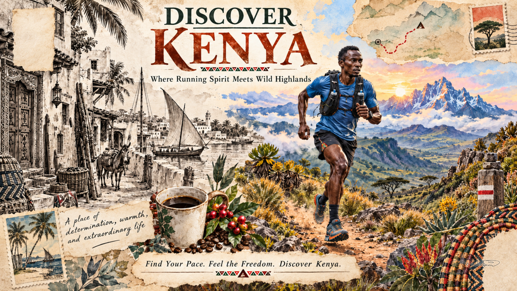 A Discover Kenya post card: a runner on a highland trail with Mount Kenya behind, coffee cherries and a sepia coastal sketch down the left. Dreamy Post Card 4K desktop wallpaper by Dreams On Kanvas