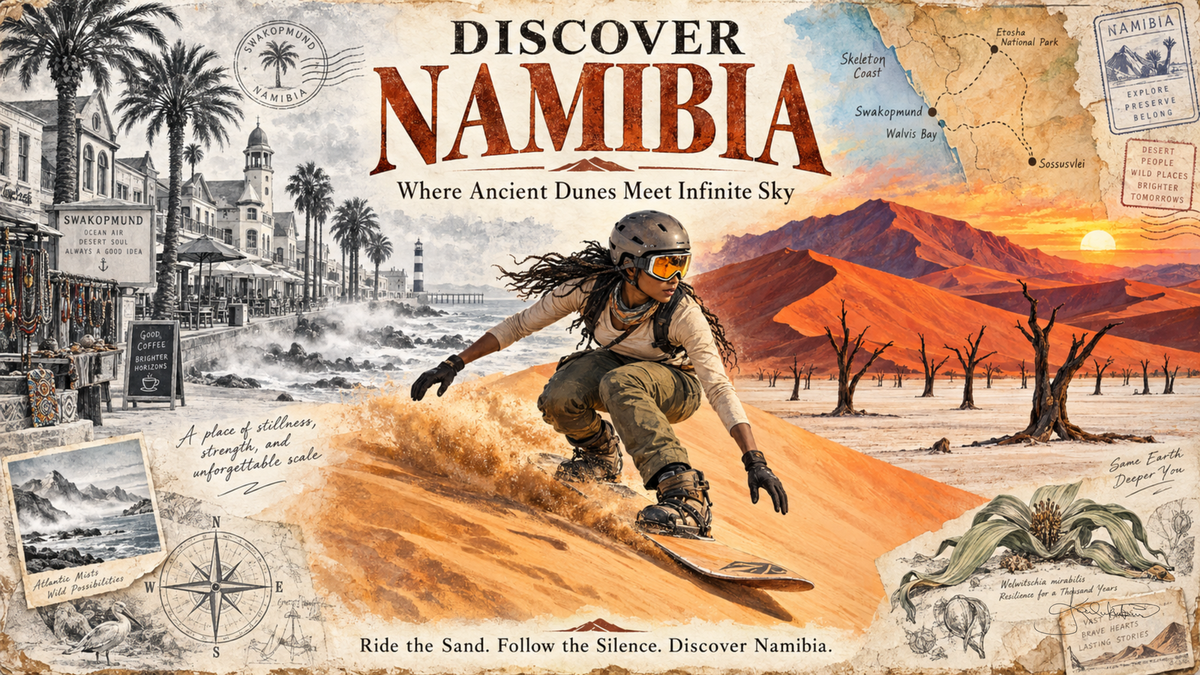 A Discover Namibia post card: a sandboarder carving down a dune with red dunes and dead camelthorn trees behind. Dreamy Post Card 4K desktop wallpaper by Dreams On Kanvas