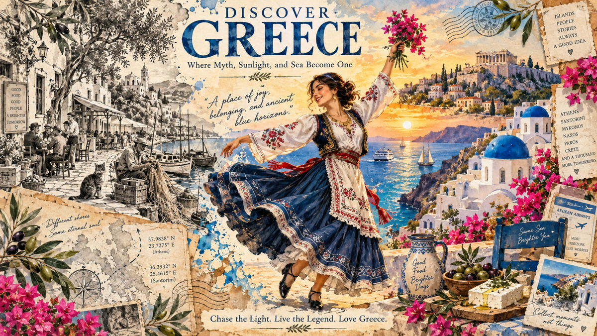 A Discover Greece post card: a woman dancing in traditional dress holding flowers, with blue-domed white houses above the Aegean at sunset. Dreamy Post Card 4K desktop wallpaper by Dreams On Kanvas