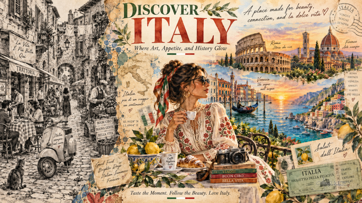 A Discover Italy post card: a woman with an espresso, the Colosseum, the Florence duomo, a Venice canal and a Vespa around her. Dreamy Post Card 4K desktop wallpaper by Dreams On Kanvas