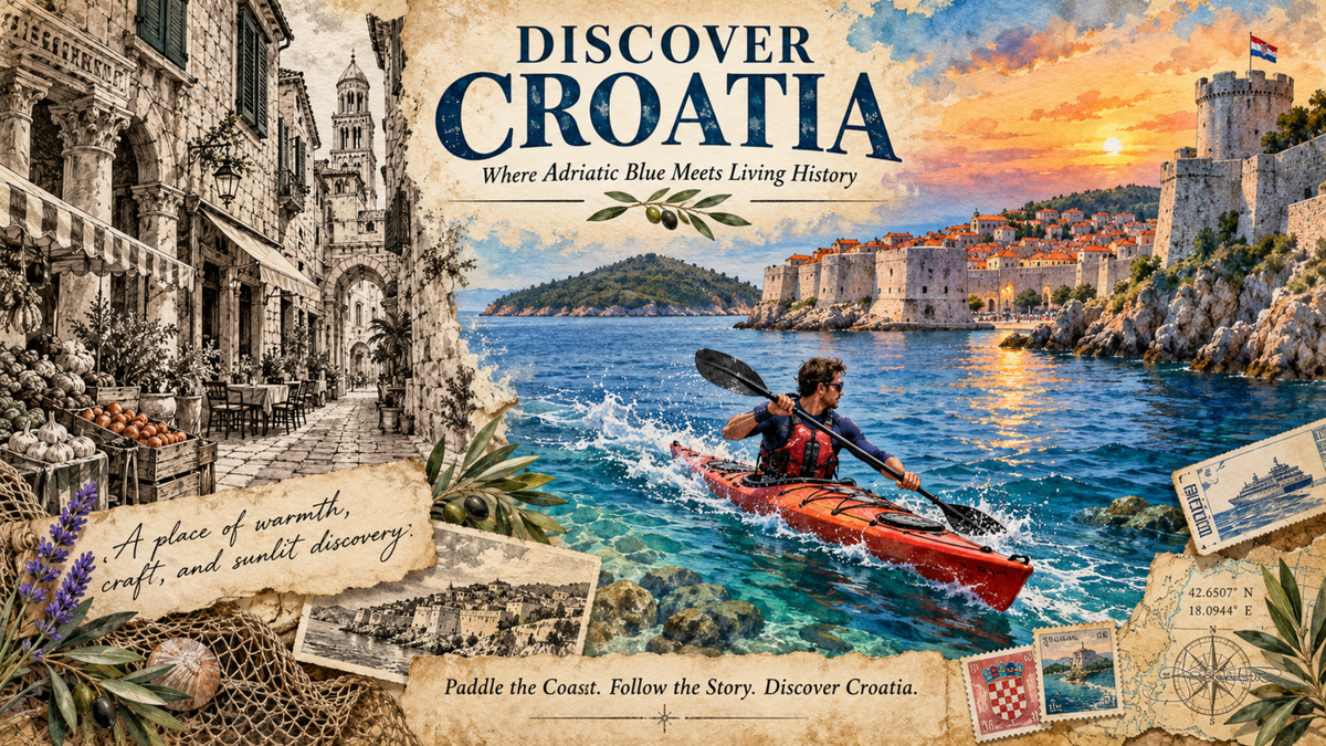 A Discover Croatia post card: two people kayaking the Adriatic below the walled old town of Dubrovnik at sunset. Dreamy Post Card 4K desktop wallpaper by Dreams On Kanvas