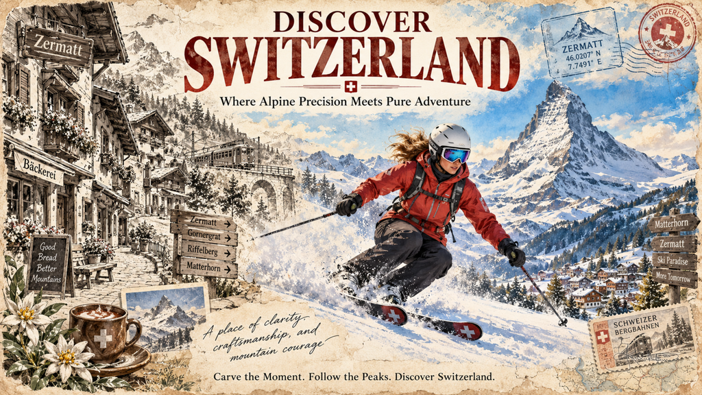 A Discover Switzerland post card: a skier carving below the Matterhorn, with a sepia sketch of a Zermatt street and an edelweiss down the left. Dreamy Post Card 4K desktop wallpaper by Dreams On Kanvas