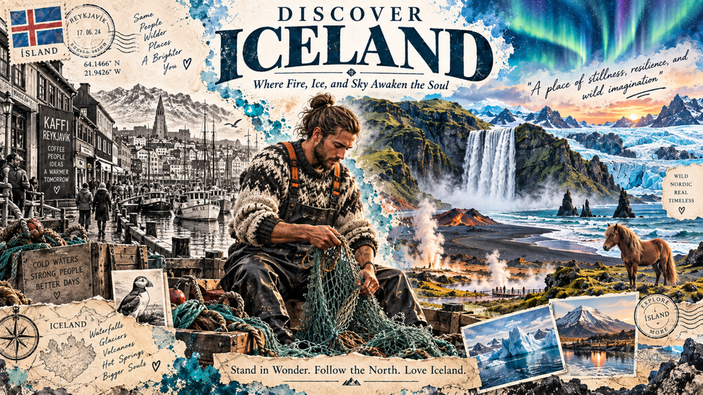 A Discover Iceland post card: a fisherman mending nets in a wool sweater, with a waterfall, the aurora, a volcanic eruption and an Icelandic horse behind. Dreamy Post Card 4K desktop wallpaper by Dreams On Kanvas