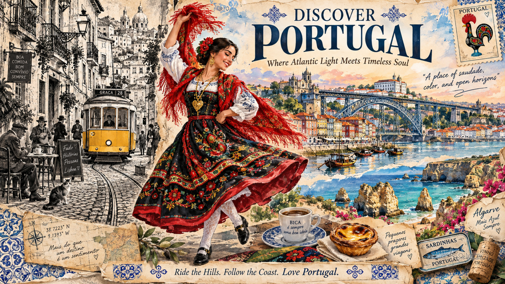 A Discover Portugal post card: a woman dancing in a red fringed shawl with Porto's bridge and a yellow tram behind and pastéis de nata beside her. Dreamy Post Card 4K desktop wallpaper by Dreams On Kanvas