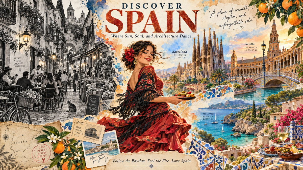 A Discover Spain post card: a flamenco dancer in a red ruffled dress carrying tapas, with the Sagrada Família, Plaza de España and a rocky cove behind. Dreamy Post Card 4K desktop wallpaper by Dreams On Kanvas