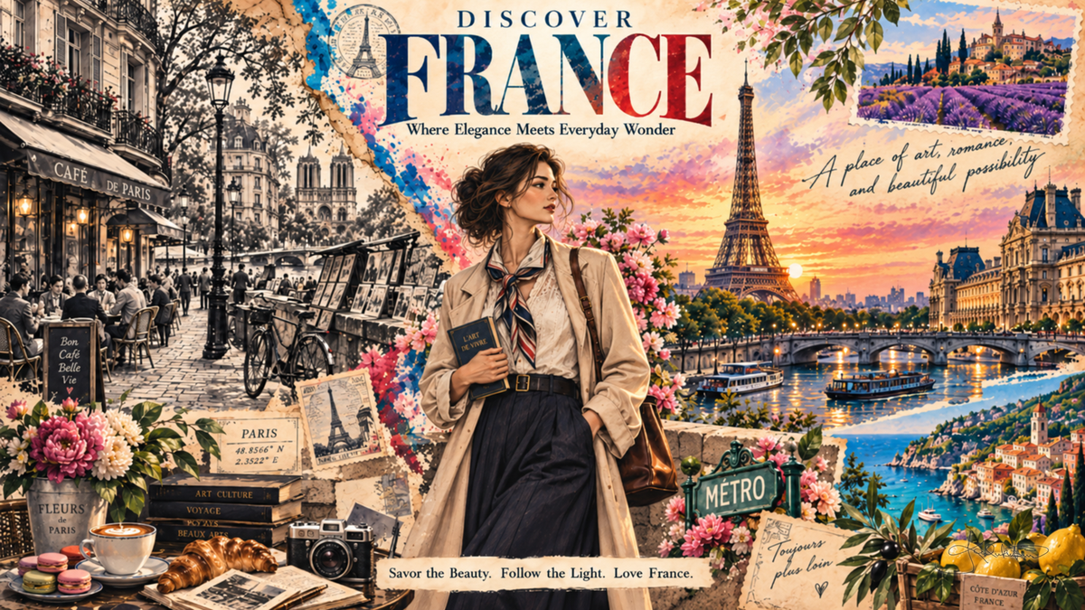 A Discover France post card: a woman with a book on a Paris street, the Eiffel Tower at sunset, lavender fields and a Metro sign around her. Dreamy Post Card 4K desktop wallpaper by Dreams On Kanvas