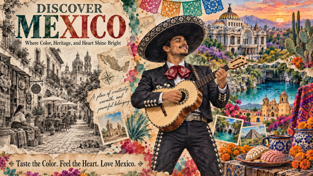 A Discover Mexico post card: a mariachi playing guitar with the Palacio de Bellas Artes, a hillside town, conchas and papel picado around him. Dreamy Post Card 4K desktop wallpaper by Dreams On Kanvas