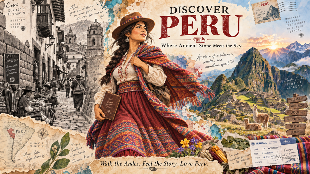 A Discover Peru post card: a woman in Andean weave with a long braid, Machu Picchu and a llama on the terraces at sunrise behind her. Dreamy Post Card 4K desktop wallpaper by Dreams On Kanvas